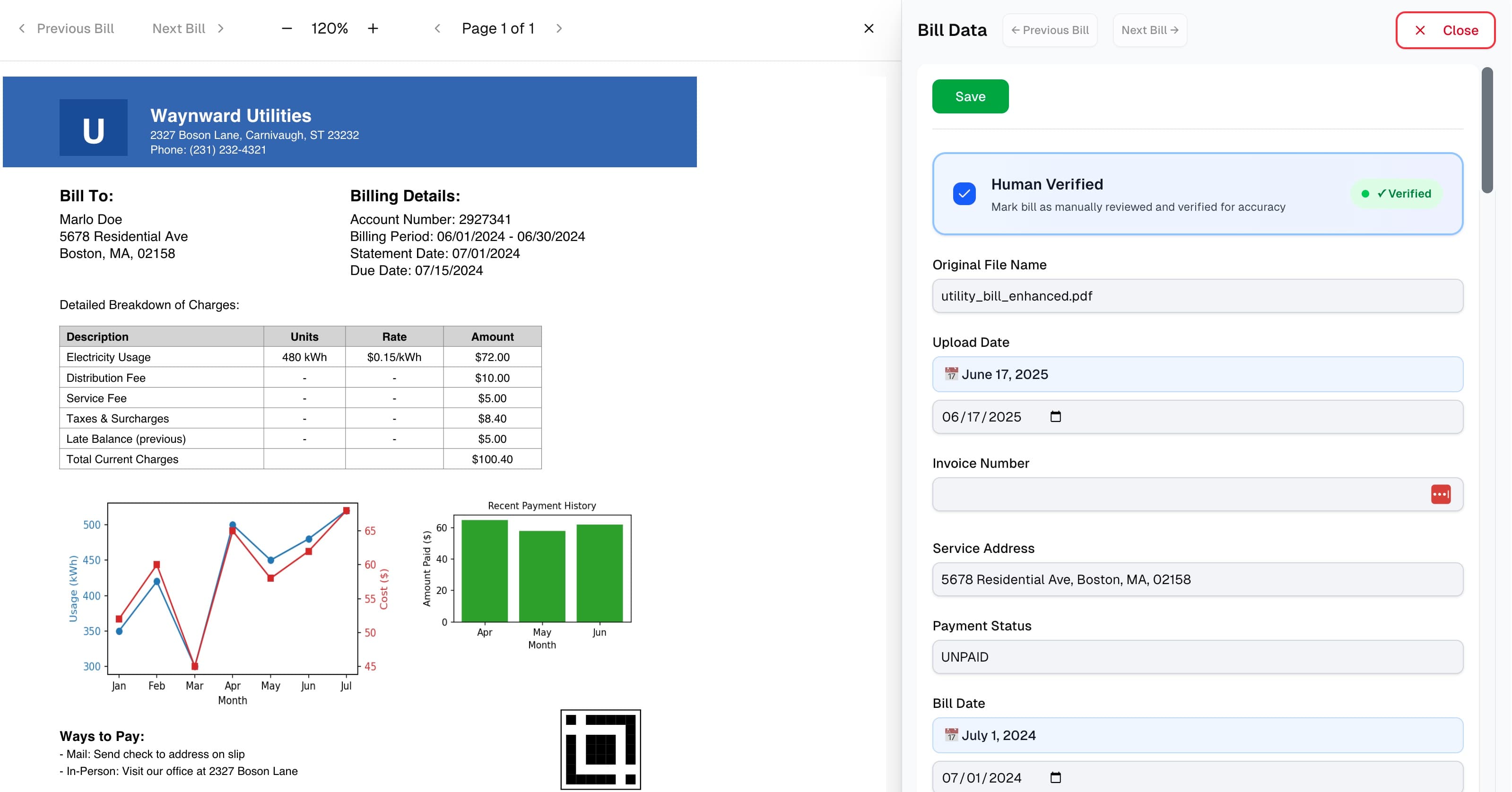 Bill verification interface showing side-by-side comparison