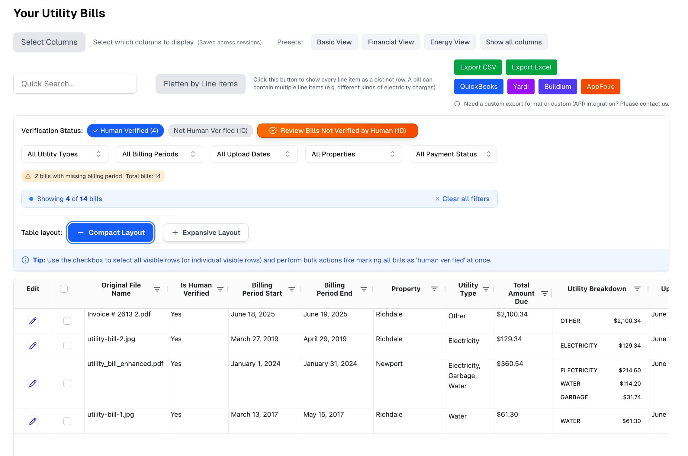 Bill management dashboard with search and filtering capabilities