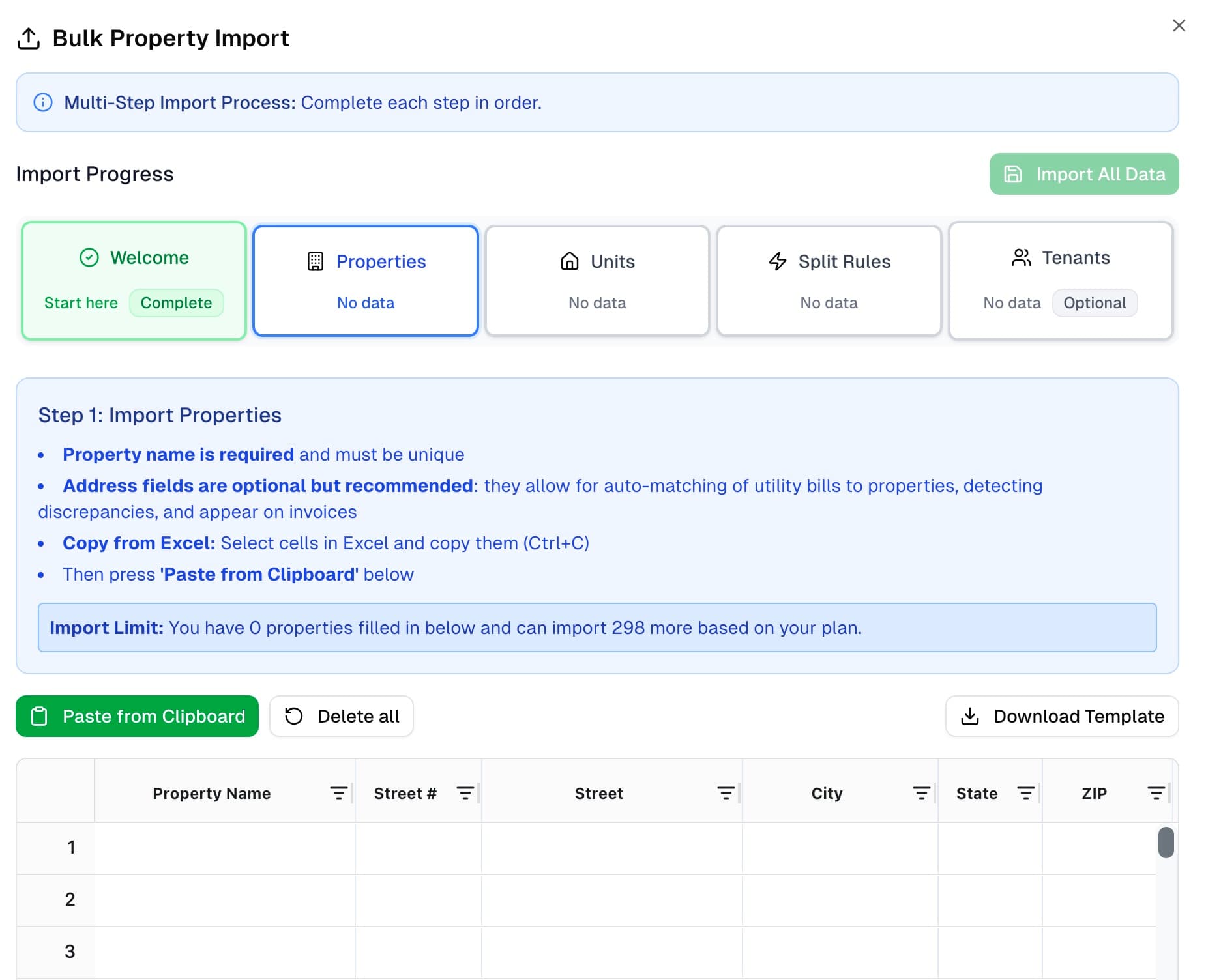 Bulk import interface for properties and tenant data