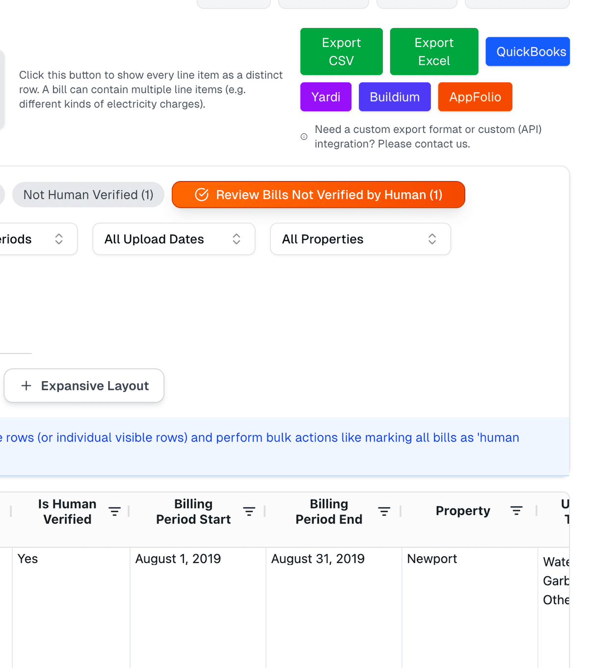 Export interface showing integration with property management systems