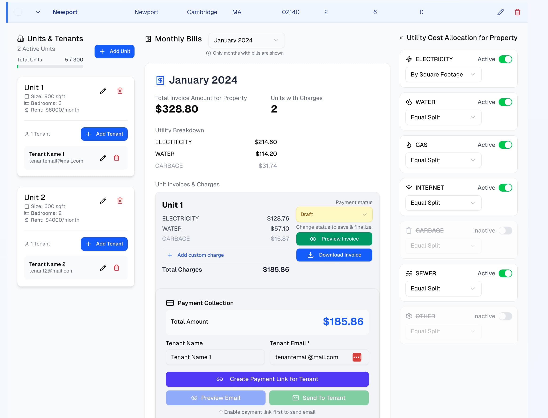 Property management interface showing cost allocation rules