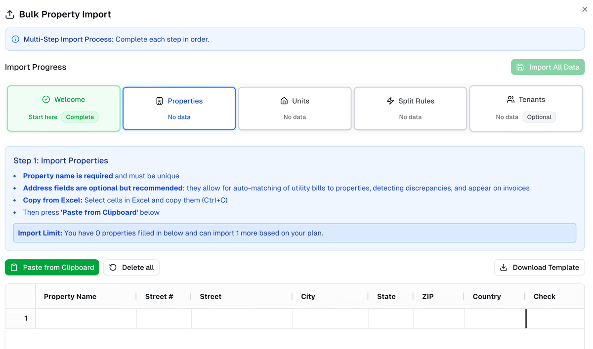 Bulk property import interface